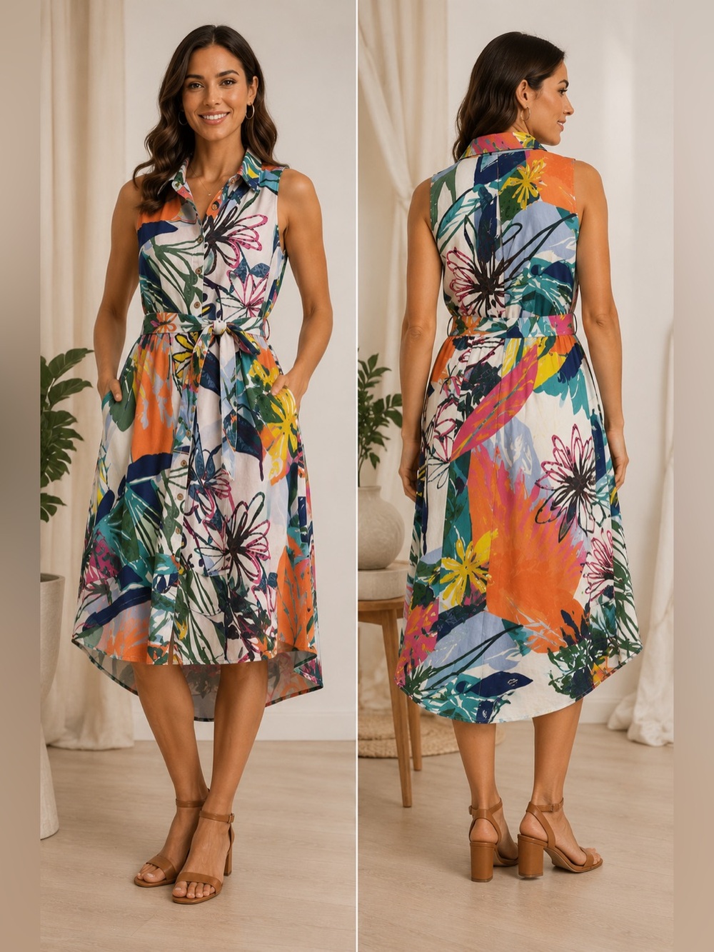 CHARLIE B Multicolor Floral High-Low Shirt Dress 85% cotton 15% linen